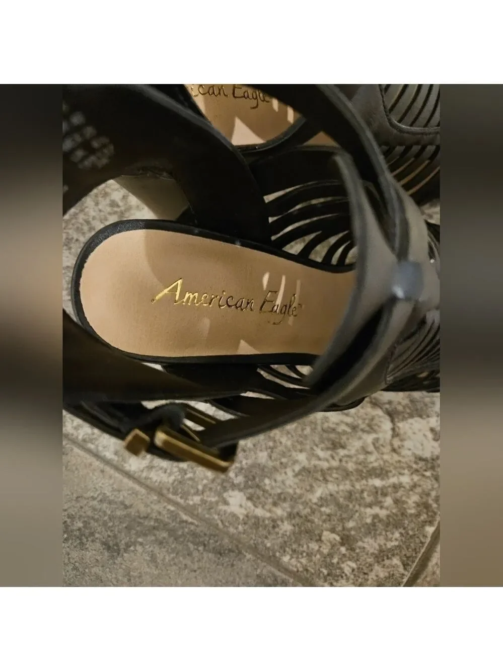 AMERICAN EAGLE BLACK FAUX LEATHER PEEPTOE STRAPPY HIGH BLOCK HEEL SANDALS SIZE 8
